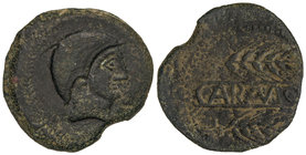 As. 80 a.C. CARMO (CARMONA, Sevilla). Anv.: Cabeza masculina con casco a derecha. Rev.: Dos espigas a derecha, entre ellas CARMO. 18,14 grs. AE. Pátin...