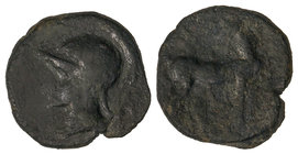1/2 Calco. 220-215 a.C. ACUÑACIONES HISPANO-CARTAGINESAS. Anv.: Cabeza con casco a izquieda. Rev.: Caballo parado a derecha, con la cabeza a izquierda...