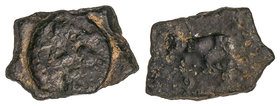 1/8 Calco. 200-100 a.C. EBUSUS. Anv.: Bes de frente con martillo y serpiente. Rev.: Toro a derecha. 1,76 grs. AE. (Cospel irregular). AB-924. MBC-.
