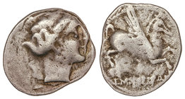 Dracma. 200-110 a.C. EMPORITON. Anv.: Cabeza de Perséfone a derecha, rodeada por tres delfines. Rev.: Pegaso-Crisaor a derecha, debajo (leyenda). 4,17...
