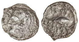 Hemidracma. 200-100 a.C. GADES (CÁDIZ). Anv.: Cabeza de Hércules con piel de león a izquierda. Rev.: Atún a derecha, encima y debajo leyenda fenicia. ...