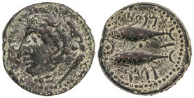 As. 100-20 a.C. GADES. Anv.: Cabeza de Hércules con piel de león a izquierda, detrás clava. Rev.: Dos atunes a izquierda, arriba y abajo leyenda púnic...