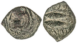 Semis. 100-20 a.C. GADES. Anv.: Cabeza de Hércules con piel de león a izquierda, delante clava. Rev.: Dos atunes a izquierda, encima y debajo leyenda ...