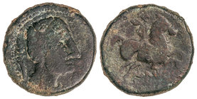 As. Mediados siglo II a.C. ILTIRCES (SOLSONA, Lleida). Anv.: Cabeza masculina a derecha, detrás espiga. Rev.: Jinete con palma a derecha, debajo ILTIR...