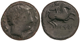 As. 220-200 a.C. ILTIRTA. Anv.: Cabeza masculina a derecha, rodeada por tres delfines. Rev.: Jinete con palma y clámide a derecha, debajo leyenda ibér...