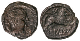 Cuadrante. 220-200 a.C. ILTIRTA. Anv.: Cabeza masculina a derecha, rodeada por tres delfines. Rev.: Caballo al galope a derecha, encima estrella, deba...