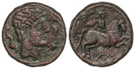 As. 220-200 a.C. ILTIRTA. Anv.: Cabeza masculina rodeada por tres delfines a derecha. Rev.: Jinete con palma y clámide a derecha, debajo leyenda ibéri...