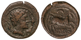 Semis. 220-200 a.C. ILTIRTA. Anv.: Cabeza masculina a derecha, rodeada por tres delfines. Rev.: Caballo al galope a derecha, encima creciente, debajo ...