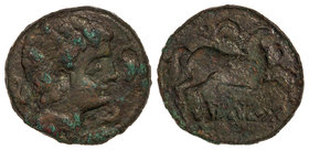 Semis. 220-200 a.C. ILTIRTA. Anv.: Cabeza masculina a derecha, rodeada por tres delfines. Rev.: Caballo a derecha, encima creciente, debajo leyenda ib...