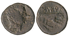 As. 220-200 a.C. ILTIRTA (LLEIDA). Anv.: Cabeza masculina a derecha. Rev.: Lobo a derecha, encima leyenda ibérica. 7,25 grs. AE. (Pequeñas oxidaciones...