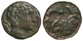 Semis. 120-20 a.C. LAURO. Anv.: Cabeza masculina a derecha, detrás caduceo. Rev.: Caballo galopando a derecha, debajo leyenda ibérica. 5,05 grs. AE. P...