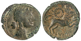 As. 120-45 a.C. NERONKEN (NARBONA, Francia). Anv.: Cabeza femenina con velo a derecha. Rev.: Toro saltando a derecha; encima laúrea; debajo, sobre lín...