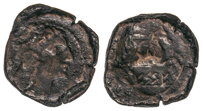 Cuadrante. 110-20 a.C. CESSE (TARRAGONA). Anv.: Cabeza imberbe, detrás símbolo n...