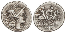 Republic. Denario. 148 a.C. ATILIA. M. Atilius Saranus. Anv.: SARAN (AN entrelazadas) de abajo a arriba. Cabeza de Roma a derecha, delante X. 3,59 grs...