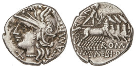 Republic. Denario. 134 a.C. BAEBIA-12. Marcius Baebius Q. f. Tampilus. Anv.: Cabeza de roma a izquierda, delante X. Detrás: TAMPIL. 3,88 grs. AR. Cal-...