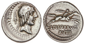 Republic. Denario. 90-98 a. C. CALPURNIA. L. Calpurnius Piso Frugi. Anv.: Cabeza diademada de Apolo a derecha, detrás símbolo. Rev.: L. PISO FRVGI. Ji...