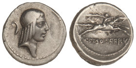 Republic. Denario. 64 a.C. CALPURNIA. C. Calpurnius Piso Frugi. Anv.: Cabeza diademada de Apolo a derecha, detrás símbolo. Rev.: Jinete con palma a de...