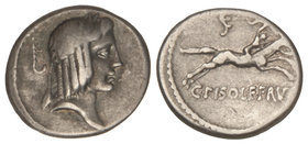 Republic. Denario. 64 a.C. CALPURNIA. C. Calpurnius Piso Frugi. Anv.: Cabeza laureada de Apolo a derecha, detrás símbolo. Rev.: Jinete con cabeza desn...