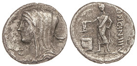 Republic. Denario. 55 a.C. CASSIA-10. L. Cassius Longinus. Anv.: Busto velado de Vesta a izquierda, entre L y copa. 3,51 grs. AR. (Grieta, Oxidaciones...