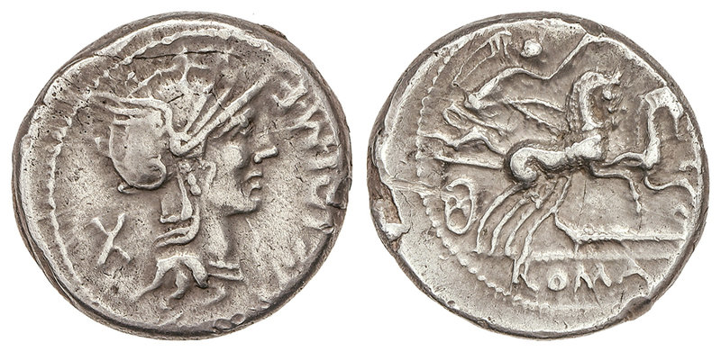 Republic. Denario. 115-114 a.C. CIPIA-1. M. Cipius M. F. Anv.: Cabeza de Roma a ...