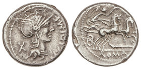 Republic. Denario. 115-114 a.C. CIPIA-1. M. Cipius M. F. Anv.: Cabeza de Roma a derecha, delante (M. C)IPI. M. F, detrás X. 3,92 grs. AR. Cal-422; Cra...