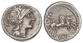 Republic. Denario. 110-109 a.C. CLAUDIA-1. C. Claudius Pulcher. Rev.: Victoria en biga a derecha. En exergo: C. PVLCHER. 3,76 grs. AR. Cal-424; Craw-3...