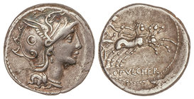 Republic. Denario. 110-109 a.C. CLAUDIA-1. C. Claudius Pulcher. Rev.: Victoria en biga a derecha. En exergo: C. PVLCHER. 3,86 grs. AR. Cal-424; Craw-3...