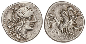 Republic. Denario. 128 a.C. CLOULIA-1. T. Cloelius. Rev.: Victoria en biga a derecha, debajo espiga. En exergo: T. CLOVLI. 3,89 grs. AR. (Grafiti en a...