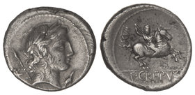 Republic. Denario. 82 a.C. CREPUSIA-1. Publius Crepusius. Anv.: Cabeza laureada de Apolo a derecha, delante símbolo, detrás cetro y ¿R?. Rev.: Jinete ...
