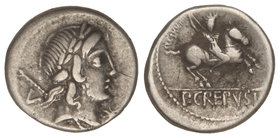 Republic. Denario. 82 a.C. CREPUSIA-1. Publius Crepusius. Anv.: Cabeza laureada de Apolo a derecha, delante símbolo, detrás cetro y V. Rev.: Jinete co...