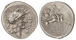 Republic. Denario. 116-115 a.C. CURTIA-2. Quintus Curtius. Anv.: Cabeza de Roma a derecha, detrás X, delante Q. CVRT. 3,9 grs. AR. Cal-534; Craw-285/2...