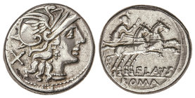 Republic. Denario. 150 a.C. DECIMIA-1. Decimius Flavus. Rev.: Diana con látigo en biga a derecha. Debajo FLAVS. En exergo: ROMA. 4,19 grs. AR. Cal-538...