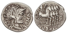 Republic. Denario. 116-115 a.C. DOMITIA-7. Cnaeus Domitius Ahenobarbus. Anv.: Jupiter con rama de laurel en cuadriga a derecha. En exergo: CN. DOM(I)....