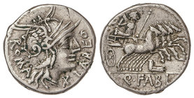 Republic. Denario. 124 a.C. FABIA-1. Quintus Fabius Labeo. Rev.: Jupiter en cuadriga a derecha, debajo proa de nave. En exergo: Q. FABI. 3,84 grs. AR....