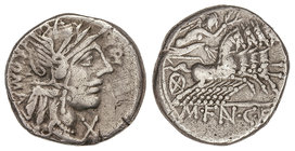 Republic. Denario. 123 a.C. FANNIA-1. Marcius Fannius C. F. Rev.: Victoria con corona en cuadriga a derecha, debajo en exergo: M. FAN. C. F. 3,8 grs. ...