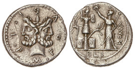 Republic. Denario. 119 a.C. FURIA-18. M. Furius L. f. Philus. Anv.: Cabeza de Jano Bifronte, alrededor M. FOVRI. L. F. 3,87 grs. AR. (Rayitas). Cal-60...