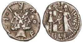 Republic. Denario. 119 a.C. FURIA-18. M. Furius L. f. Philus. Anv.: Cabeza de Jano Bifronte, alrededor M. FOVRI. L. F. 3,9 grs. AR. Cal-600; Craw-281/...