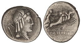 Republic. Denario. 85 a.C. JULIA-5. L. Julius Bursio. Anv.: Cabeza alada y laureada de Apolo Vejovis a derecha, detrás tridente y símbolo. 3,88 grs. A...