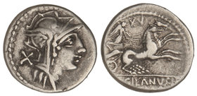 Republic. Denario. 91 a.C. JUNIA-15. D. Junius Silanus L. f. Anv.: Cabeza de Roma a derecha, detrás X. Rev.: Victoria en biga a derecha, encima XV. En...