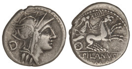 Republic. Denario. 91 a.C. JUNIA-15. D. Junius Silanus L. f. Anv.: Cabeza de Roma a derecha, detrás D. Rev.: Victoria en biga a derecha, encima XIIII....