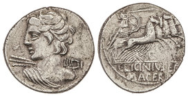 Republic. Denario. 84 a. C. LICINIA-16. C. Licinius L. F. Macer. Anv.: Cabeza diademada de Apolo Vejovis a izquierda con haz de rayos. 3,81 grs. AR. (...