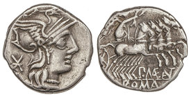 Republic. Denario. 132 a.C. MAENIA-7. Publius Maenius Antiacus. Rev.: Victoria con corona en cuadriga a derecha, debajo P. MAE. ANT. En exergo: ROMA. ...