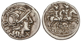 Republic. Denario. 148 a.C. MARCIA-1. Q. Marcius. Libo. Rev.: Dioscuros a caballo a derecha, encima estrellas, debajo Q. MARC. En exergo: ROMA. 3,89 g...