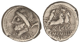 Republic. Denario. 87 a.C. MEMMIA-8. L. y C. Memmius L. f. Galeria. Anv.: Cabeza laureada de Saturno a izquierda, detrás arpa, delante M. EX S. C. 3,7...