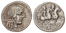 Republic. Denario. 122 a.C. MINUCIA-1. Q. Minucius Rufus. Rev.: Dioscuros a derecha debajo Q. MINV. En exergo: ROMA. 3,91 grs. AR. Cal-1022; Craw-277/...
