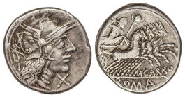 Republic. Denario. 121 a.C. PAPIRIA-6. Marcius Papirius Carbo. Rev.: Jupiter con cetro y rayos en cuadriga a derecha, debajo M. CARBO. En exergo: ROMA...