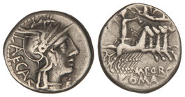 Republic. Denario. 125 a.C. PORCIA-3. Marcius Porcius Laeca. 3,80 grs. AR. Cal-1197; FFC-1051. MBC.