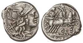 Republic. Denario. 138 a.C. RENIA-1. C.Renius. Rev.: Juno Caprotina en biga a derecha arrastrada por machos cabríos, debajo C. REN(I). En exergo: ROMA...