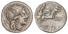 Republic. Denario. 77 a.C. RUTILIA-1a. L. Rutilius Flaccus. Anv.: Cabeza de Roma a derecha, detrás: FLAC. 3,81 grs. AR. Cal-1237a; FFC-1096. MBC.