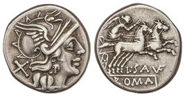 Republic. Denario. 152 a.C. SAUFEIA-1. L. SAUFEIUS. Rev.: Victoria en biga a derecha. L. SAVF. EN exergo: ROMA. 3,74 grs. AR. Cal-1245; Craw-204/1; FF...
